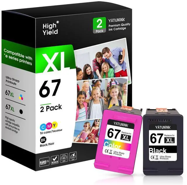 Main image of 67XL Ink Cartridges Combo Pack Compatible for HP Ink 67 XL Work with DeskJet 2827e 4155e 2800e 2755e 2700 2734e 2855e Envy 6455e 6400e 6000 Printer (Black, Tri-Color)