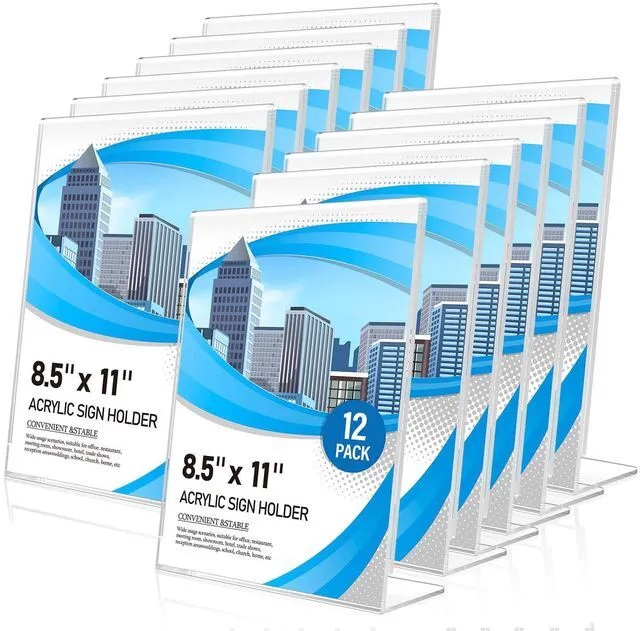 Main image of Acrylic Sign Holder 8.5 x 11 12 Pack, Double-Sided Clear Sign Holder Plastic Stands for Display, Table Sign Stands, L Shape Flyer Holder