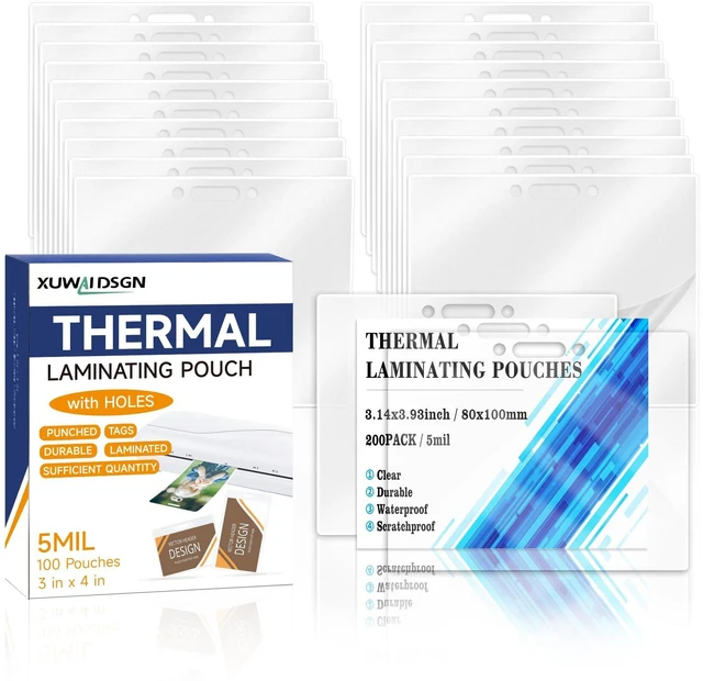Main image of 200 Pack 5mil 3x4" Thermal Laminating Pouches Badge Laminate Pouches Clear Laminated Luggage Tags Printable Laminator Pouches for Business Permits Cards (200, 2.94"x4.13"-5mil-with Holes)