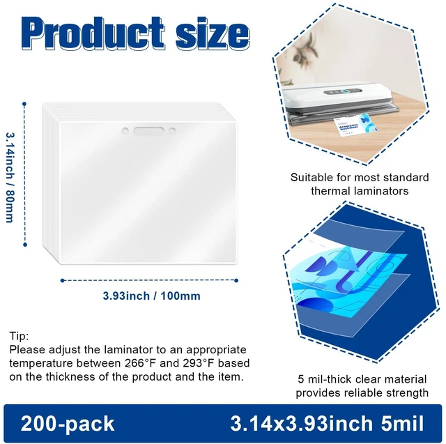 Alt view image 2 of 7 - 200 Pack 5mil 3x4" Thermal Laminating Pouches Badge Laminate Pouches Clear Laminated Luggage Tags Printable Laminator Pouches for Business Permits Cards (200, 2.94"x4.13"-5mil-with Holes)