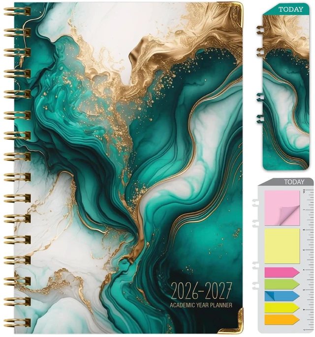Main image of HARDCOVER Academic Year 2026-2027 Planner: 14 Months (May 2026 Through June 2027) 5.5"x 8" Daily Weekly Monthly Planner Yearly Agenda. Bookmark, Pocket Folder and Sticky Note Set (Teal Gold Marble)