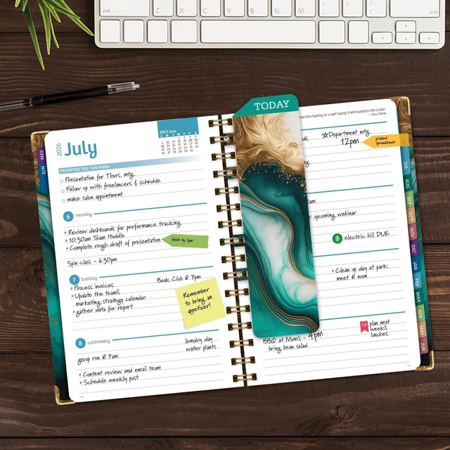 Alt view image 2 of 7 - HARDCOVER Academic Year 2026-2027 Planner: 14 Months (May 2026 Through June 2027) 5.5"x 8" Daily Weekly Monthly Planner Yearly Agenda. Bookmark, Pocket Folder and Sticky Note Set (Teal Gold Marble)