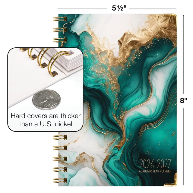 Alt view image 3 of 7 - HARDCOVER Academic Year 2026-2027 Planner: 14 Months (May 2026 Through June 2027) 5.5"x 8" Daily Weekly Monthly Planner Yearly Agenda. Bookmark, Pocket Folder and Sticky Note Set (Teal Gold Marble)