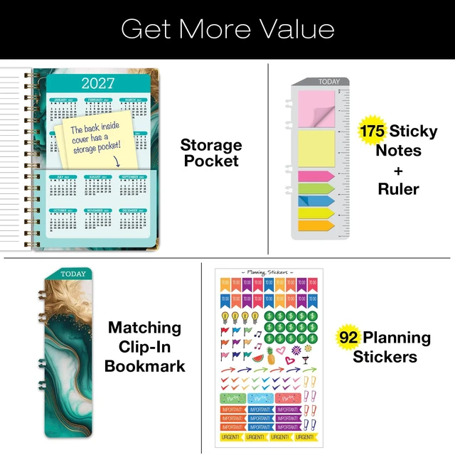Alt view image 4 of 7 - HARDCOVER Academic Year 2026-2027 Planner: 14 Months (May 2026 Through June 2027) 5.5"x 8" Daily Weekly Monthly Planner Yearly Agenda. Bookmark, Pocket Folder and Sticky Note Set (Teal Gold Marble)