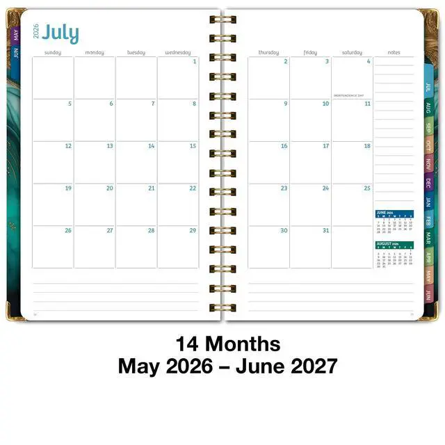 Alt view image 5 of 7 - HARDCOVER Academic Year 2026-2027 Planner: 14 Months (May 2026 Through June 2027) 5.5"x 8" Daily Weekly Monthly Planner Yearly Agenda. Bookmark, Pocket Folder and Sticky Note Set (Teal Gold Marble)