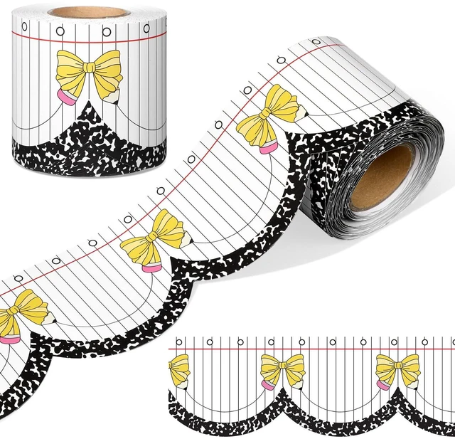 Main image of 65ft Pencil Bow Composition Scalloped Bulletin Board Border Back to School Classroom Decor, Yellow Bow Notebook Style Decorative Trim, Teacher Supplies for Chalkboard Wall Desk