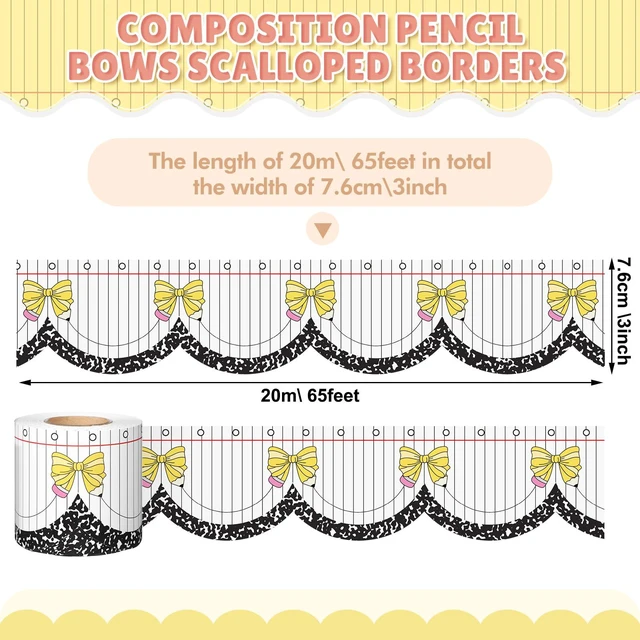 Alt view image 2 of 6 - 65ft Pencil Bow Composition Scalloped Bulletin Board Border Back to School Classroom Decor, Yellow Bow Notebook Style Decorative Trim, Teacher Supplies for Chalkboard Wall Desk