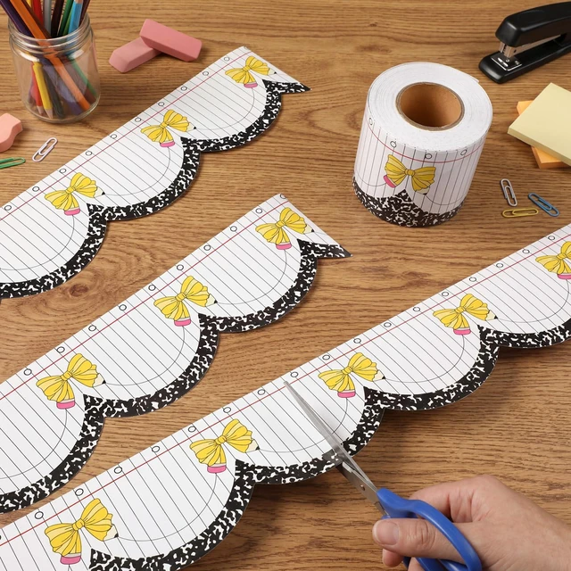 Alt view image 4 of 6 - 65ft Pencil Bow Composition Scalloped Bulletin Board Border Back to School Classroom Decor, Yellow Bow Notebook Style Decorative Trim, Teacher Supplies for Chalkboard Wall Desk