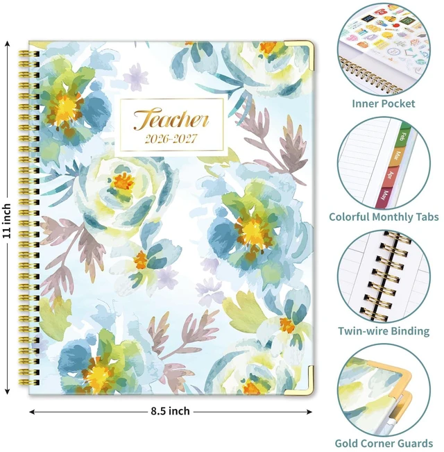 Alt view image 2 of 6 - Teacher Planner 2026-2027, Lesson Plan Book for Teachers 8.5"x11" July 2026-June 2027 Academic Year, Teacher Calendar with 14 Checklists & Gold Corners for Classroom & Homeschool, Blue