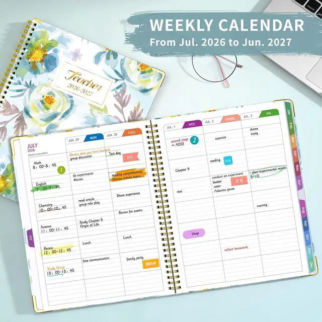 Alt view image 4 of 6 - Teacher Planner 2026-2027, Lesson Plan Book for Teachers 8.5"x11" July 2026-June 2027 Academic Year, Teacher Calendar with 14 Checklists & Gold Corners for Classroom & Homeschool, Blue