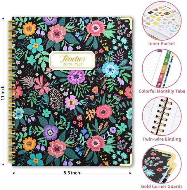 Alt view image 2 of 6 - Teacher Planner 2026-2027, Lesson Plan Book for Teachers 8.5"x11" July 2026-June 2027 Academic Year, Teacher Calendar with 14 Checklists & Gold Corners for Classroom & Homeschool, Black