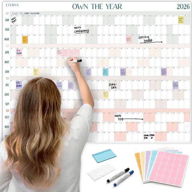 Main image of 2026 Giant Wall Calendar | 4ft x 3ft Full Year Dry Erase Large Planner, January '26 to December '26 Own The Year Big Whiteboard Wall Calendar with Markers, Sticky Notes & Mounting Kit