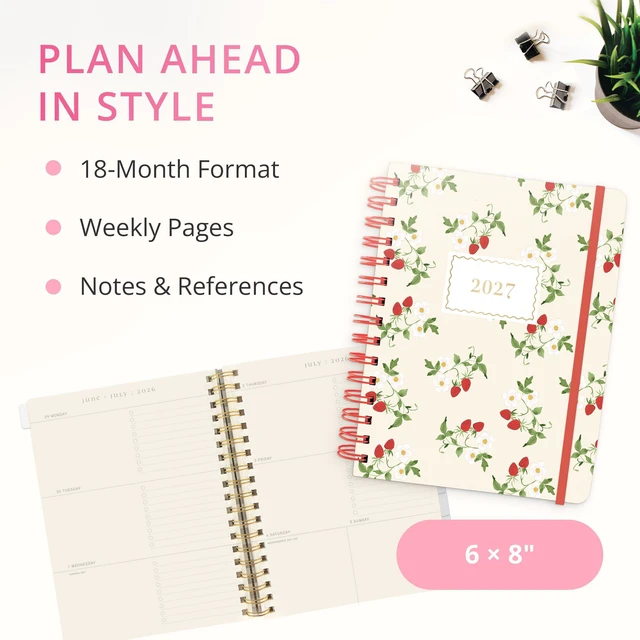Alt view image 2 of 7 - Strawberries 18 Month Planner, July 2026 Dec. 2027, Hardbound Spiral Planner with Monthly Tabs, Holidays & Reminder Stickers, 6 x 8