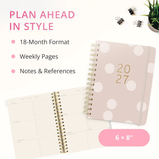 Alt view image 2 of 7 - Polka Dot 18 Month Planner, July 2026 Dec. 2027, Hardbound Spiral Planner with Monthly Tabs, Holidays & Reminder Stickers, 6 x 8