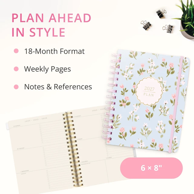 Alt view image 2 of 7 - Floral 18 Month Planner, July 2026 Dec. 2027, Hardbound Spiral Planner with Monthly Tabs, Holidays & Reminder Stickers, 6 x 8