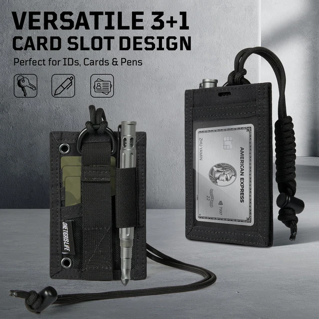 Alt view image 2 of 5 - Tactical ID Card Badge Holder with Lanyard & Detachable Hook Loop Clear ID Window, Hold Up 6+ Cards, Adjustable Neck Cord, Pen Loop Included, Dual Vertical Horizontal Carry, 500D Nylon