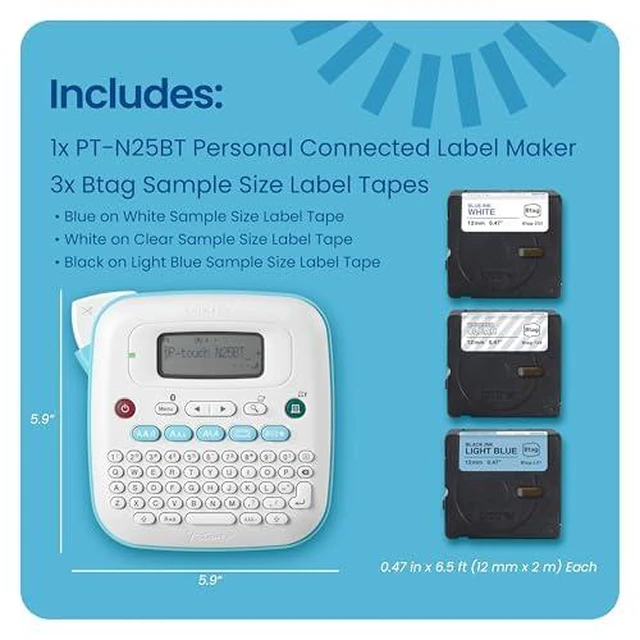 Alt view image 3 of 7 - P-Touch N25BTV3 Label Maker, Bluetooth Portable Handheld Bundle Includes 3 sample 12mm Btag tapes; mini label maker saves 10 labels and previews text on 16-character display