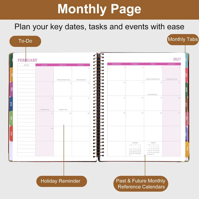 Alt view image 2 of 7 - 2026-2027 Weekly & Monthly Calendar Planner, Jul 2026-Dec 2027 8.5" x 11", Two-Tone Leather Hardcover, Academic Year Agenda for Day Planning, Spiral Bound, Elastic Closure, Inner Pocket