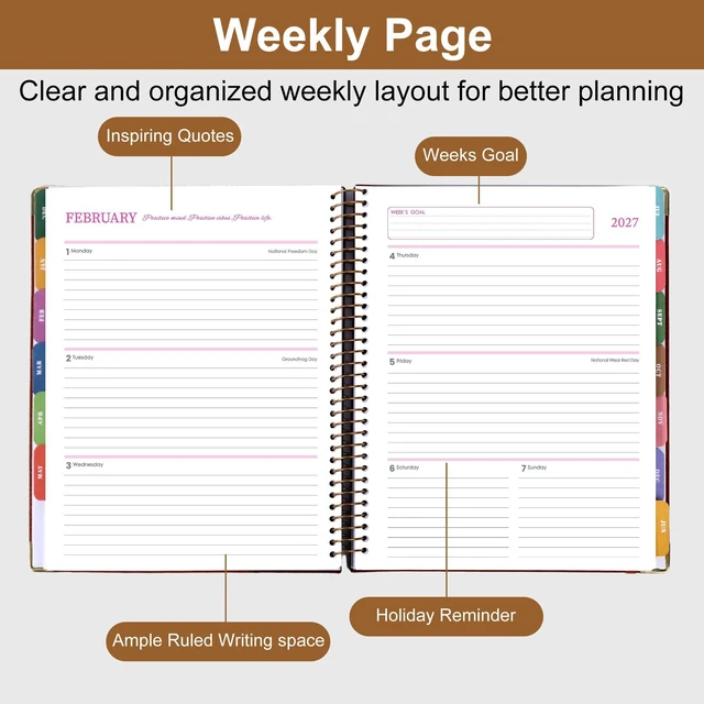 Alt view image 3 of 7 - 2026-2027 Weekly & Monthly Calendar Planner, Jul 2026-Dec 2027 8.5" x 11", Two-Tone Leather Hardcover, Academic Year Agenda for Day Planning, Spiral Bound, Elastic Closure, Inner Pocket