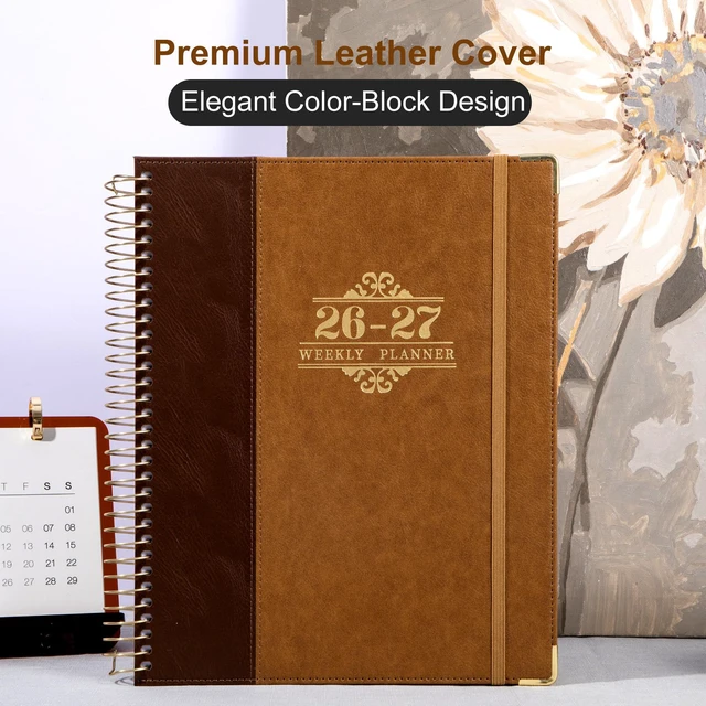 Alt view image 6 of 7 - 2026-2027 Weekly & Monthly Calendar Planner, Jul 2026-Dec 2027 8.5" x 11", Two-Tone Leather Hardcover, Academic Year Agenda for Day Planning, Spiral Bound, Elastic Closure, Inner Pocket