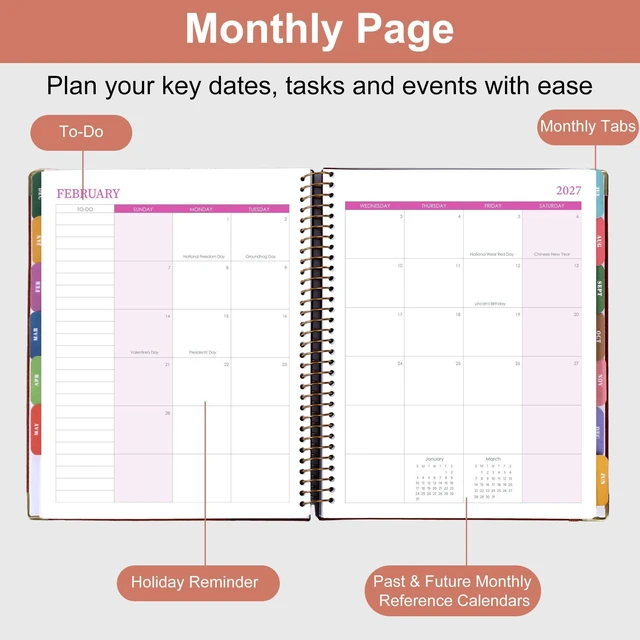 Alt view image 2 of 7 - 2026-2027 Weekly & Monthly Calendar Planner, Jul 2026-Dec 2027 8.5" x 11", Two-Tone Leather Hardcover, Academic Year Agenda for Day Planning, Spiral Bound, Elastic Closure, Inner Pocket