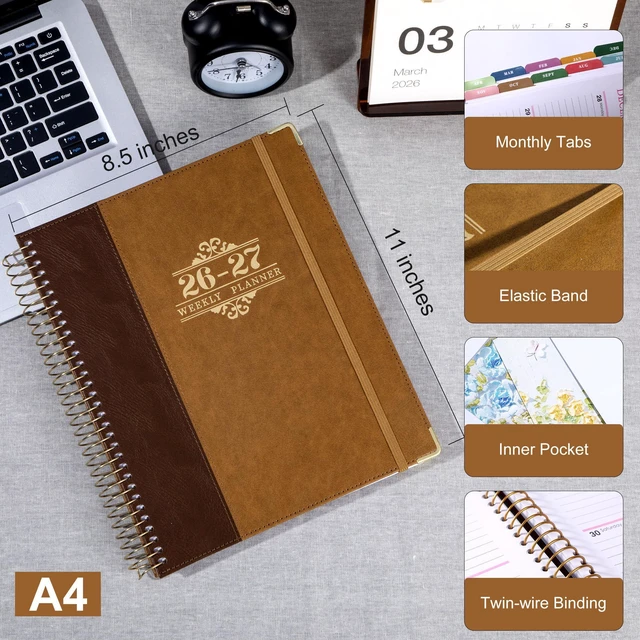 Alt view image 5 of 7 - 2026-2027 Weekly & Monthly Calendar Planner, Jul 2026-Dec 2027 8.5" x 11", Two-Tone Leather Hardcover, Academic Year Agenda for Day Planning, Spiral Bound, Elastic Closure, Inner Pocket