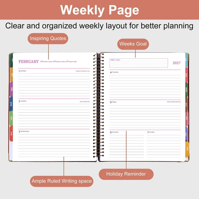 Alt view image 3 of 7 - 2026-2027 Weekly & Monthly Calendar Planner, Jul 2026-Dec 2027 8.5" x 11", Two-Tone Leather Hardcover, Academic Year Agenda for Day Planning, Spiral Bound, Elastic Closure, Inner Pocket