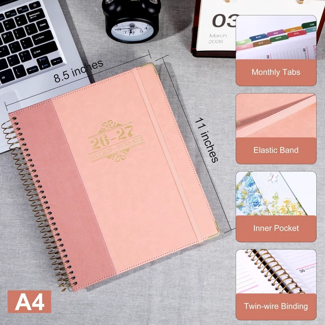 Alt view image 5 of 7 - 2026-2027 Weekly & Monthly Calendar Planner, Jul 2026-Dec 2027 8.5" x 11", Two-Tone Leather Hardcover, Academic Year Agenda for Day Planning, Spiral Bound, Elastic Closure, Inner Pocket