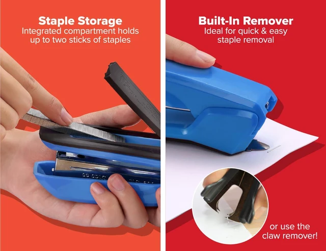 Alt view image 3 of 6 - Office Ascend 3 in 1 Stapler Value Pack, 20 Sheet Capacity, Includes 5000 Staples, Integrated Remover & and Extra Staple Remover, Staple Storage Compartment, Assorted Colors (Colors May Vary)