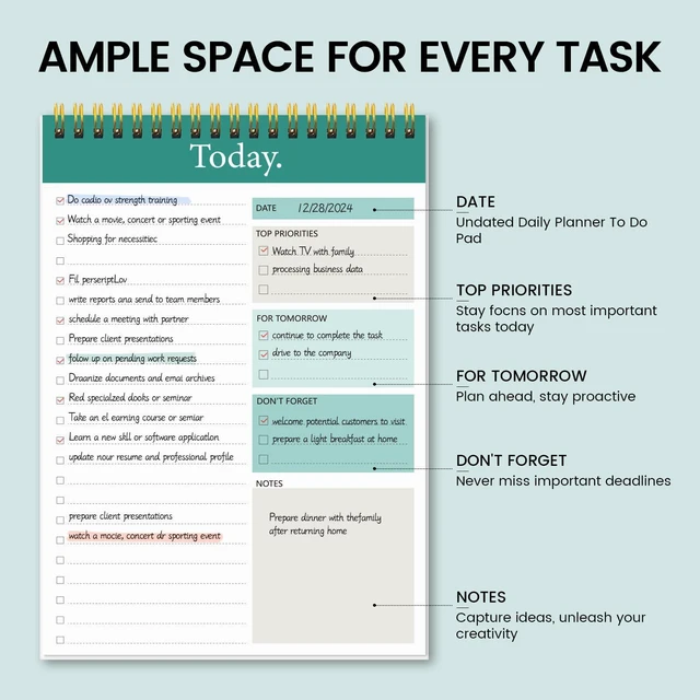 Alt view image 4 of 7 - To Do List Notepad, 4-Pack Undated Daily Planner, 6.5" x 9.8" 52 Sheets Each, Thick Paper, Spiral Binding, Daily Checklist, Priorities and Notes, for Work and Personal Organization