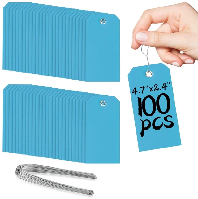 Main image of 100 Plastic Shipping Tags with Wire - Waterproof, Reinforcement Hole, Durable Labels for Equipment Parts (Baby Blue, 4 3/4" x 2 3/8")