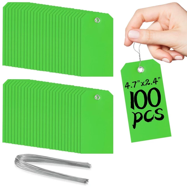 Main image of 100 Green Tags with Wires - Waterproof, Writable, Neon - 4 3/4" x 2 3/8" Heavy Duty Shipping Tags for Luggage, Parts, Machines
