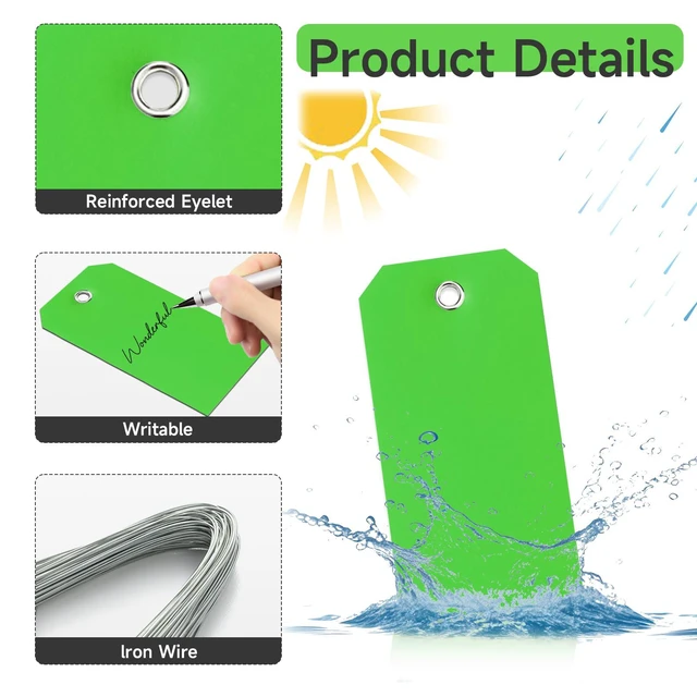 Alt view image 3 of 7 - 100 Green Tags with Wires - Waterproof, Writable, Neon - 4 3/4" x 2 3/8" Heavy Duty Shipping Tags for Luggage, Parts, Machines