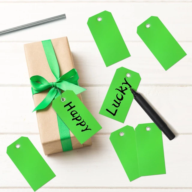 Alt view image 7 of 7 - 100 Green Tags with Wires - Waterproof, Writable, Neon - 4 3/4" x 2 3/8" Heavy Duty Shipping Tags for Luggage, Parts, Machines