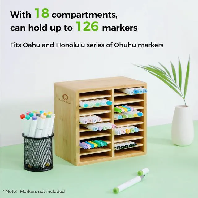 Alt view image 3 of 7 - Bamboo Marker Organizer, Wooden Desktop Storage Holds 126 Markers Markers Pens Pencils Art Brushes Stationary Organizer Pencil Holder with 18 Compartments for Classroom Office Decor Home