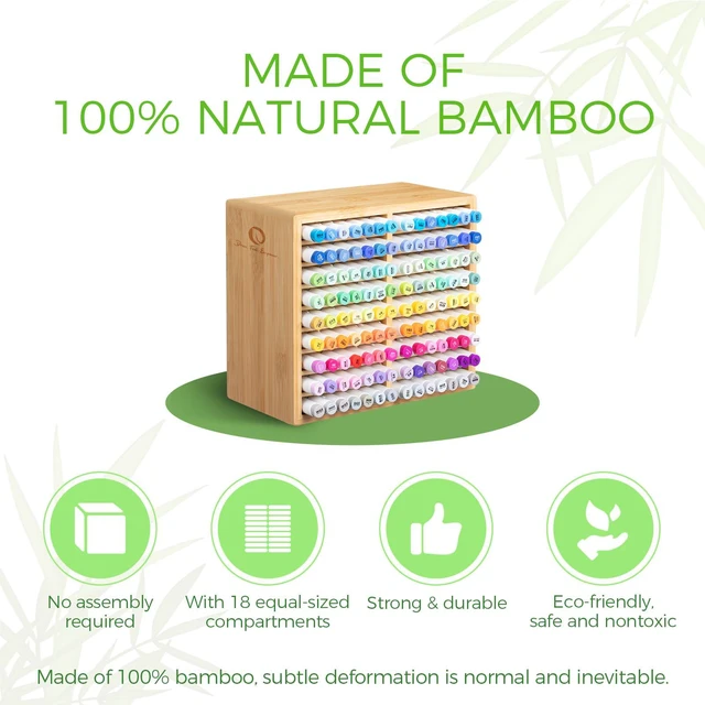 Alt view image 4 of 7 - Bamboo Marker Organizer, Wooden Desktop Storage Holds 126 Markers Markers Pens Pencils Art Brushes Stationary Organizer Pencil Holder with 18 Compartments for Classroom Office Decor Home