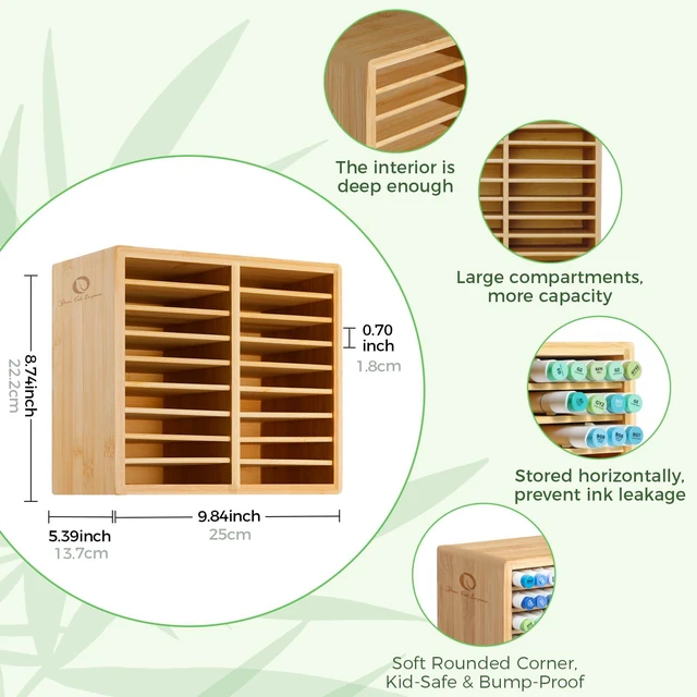 Alt view image 2 of 7 - Bamboo Marker Organizer, Wooden Desktop Storage Holds 126 Markers Markers Pens Pencils Art Brushes Stationary Organizer Pencil Holder with 18 Compartments for Classroom Office Decor Home