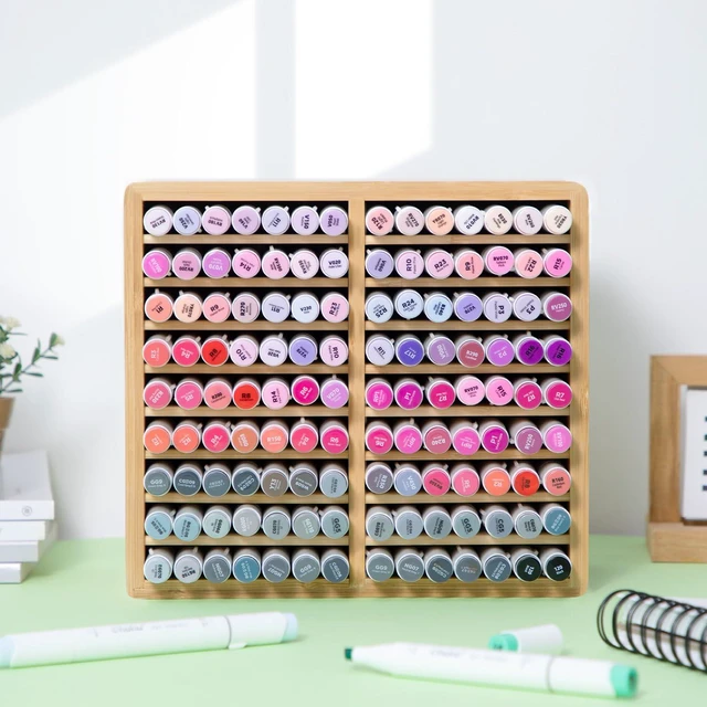Alt view image 5 of 7 - Bamboo Marker Organizer, Wooden Desktop Storage Holds 126 Markers Markers Pens Pencils Art Brushes Stationary Organizer Pencil Holder with 18 Compartments for Classroom Office Decor Home