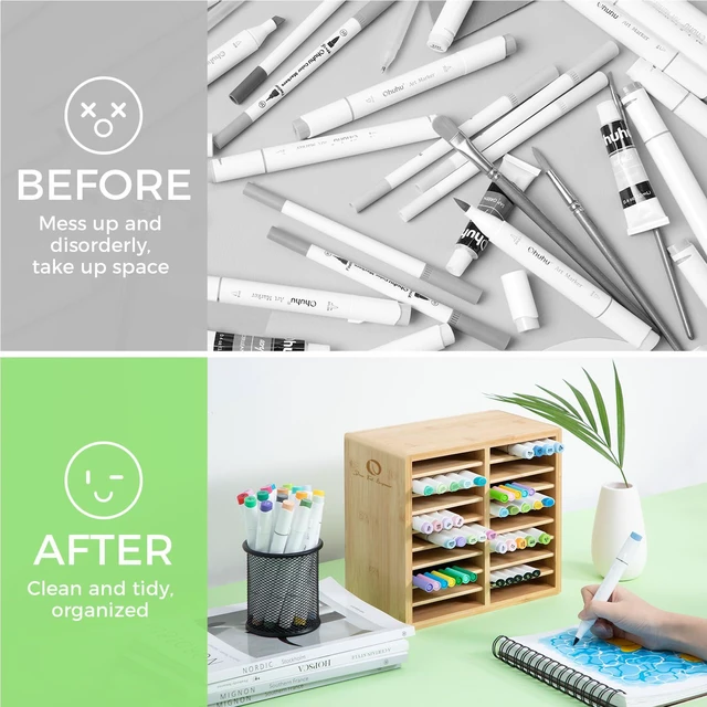 Alt view image 6 of 7 - Bamboo Marker Organizer, Wooden Desktop Storage Holds 126 Markers Markers Pens Pencils Art Brushes Stationary Organizer Pencil Holder with 18 Compartments for Classroom Office Decor Home