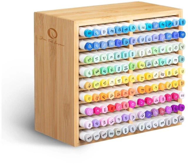 Main image of Bamboo Marker Organizer, Wooden Desktop Storage Holds 126 Markers Markers Pens Pencils Art Brushes Stationary Organizer Pencil Holder with 18 Compartments for Classroom Office Decor Home