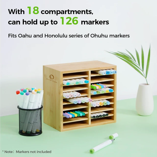 Alt view image 3 of 7 - Bamboo Marker Organizer, Wooden Desktop Storage Holds 126 Markers Markers Pens Pencils Art Brushes Stationary Organizer Pencil Holder with 18 Compartments for Classroom Office Decor Home