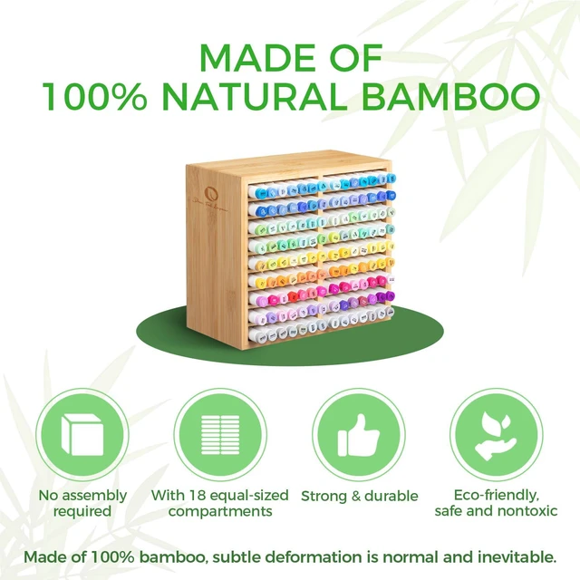 Alt view image 4 of 7 - Bamboo Marker Organizer, Wooden Desktop Storage Holds 126 Markers Markers Pens Pencils Art Brushes Stationary Organizer Pencil Holder with 18 Compartments for Classroom Office Decor Home