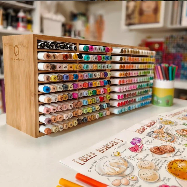 Alt view image 6 of 7 - Bamboo Marker Organizer, Wooden Desktop Storage Holds 126 Markers Markers Pens Pencils Art Brushes Stationary Organizer Pencil Holder with 18 Compartments for Classroom Office Decor Home