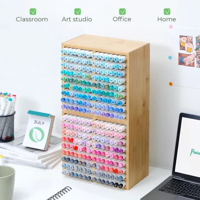 Alt view image 7 of 7 - Bamboo Marker Organizer, Wooden Desktop Storage Holds 126 Markers Markers Pens Pencils Art Brushes Stationary Organizer Pencil Holder with 18 Compartments for Classroom Office Decor Home