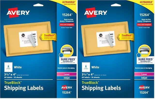 Main image of Printable Shipping Labels, Sure Feed Technology, 3-1/3" x 4", White, Laser/Inkjet Printable, 60 Blank Mailing Labels (15264) (Pack of 2)