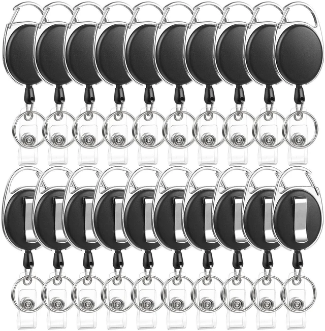 Main image of 20 Pack Retractable Badge Reels with Carabiner and Key Ring, Black 25.5 in retractable cord, heavy-duty plastic and metal, clips to belt or bag, for ID badges, keys, cards