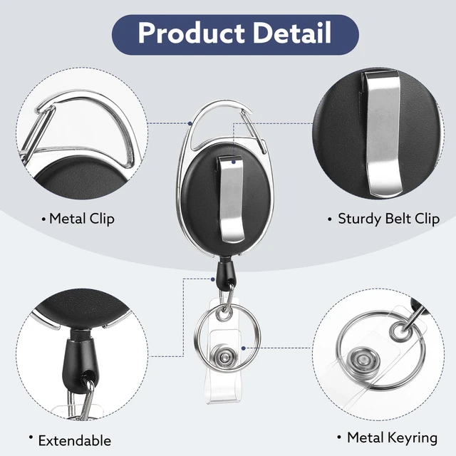 Alt view image 4 of 7 - 20 Pack Retractable Badge Reels with Carabiner and Key Ring, Black 25.5 in retractable cord, heavy-duty plastic and metal, clips to belt or bag, for ID badges, keys, cards