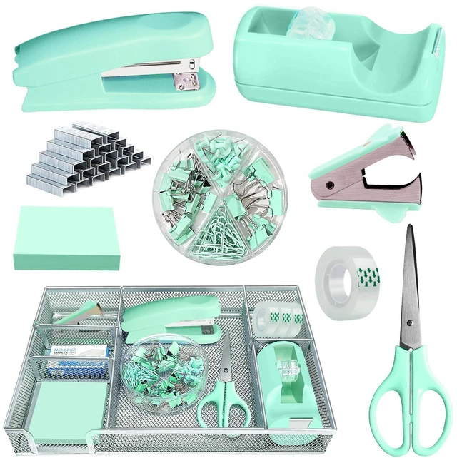 Main image of Green Office Desk Accessories Set with Stapler, Tape Dispenser and More Green Office Supplies Set with Stapler, Tape Dispenser, Scissors, Clips and More for Organized Workspace
