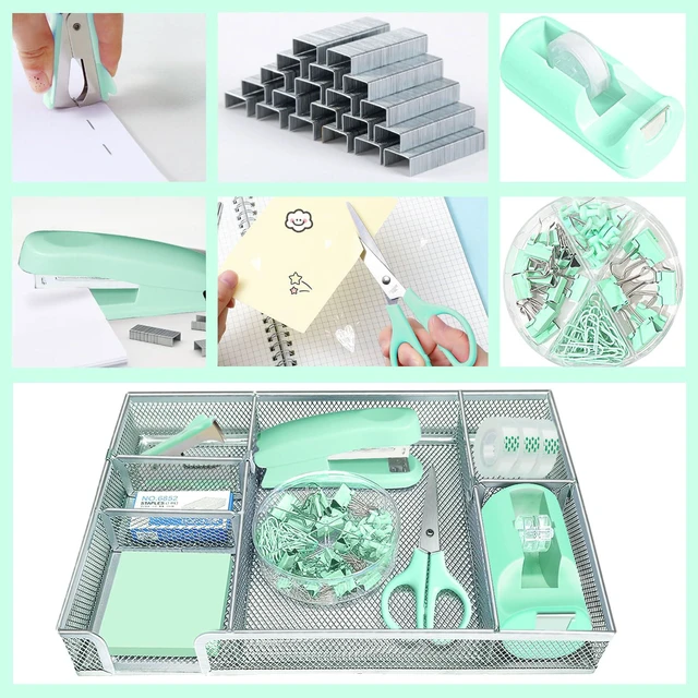 Alt view image 4 of 6 - Green Office Desk Accessories Set with Stapler, Tape Dispenser and More Green Office Supplies Set with Stapler, Tape Dispenser, Scissors, Clips and More for Organized Workspace