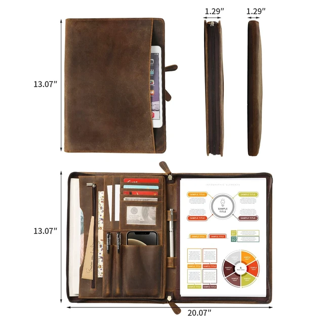Alt view image 2 of 7 - Genuine Leather Portfolio with Zipper, Business Organizer for A4/Pad/Phone, Brown, RS63